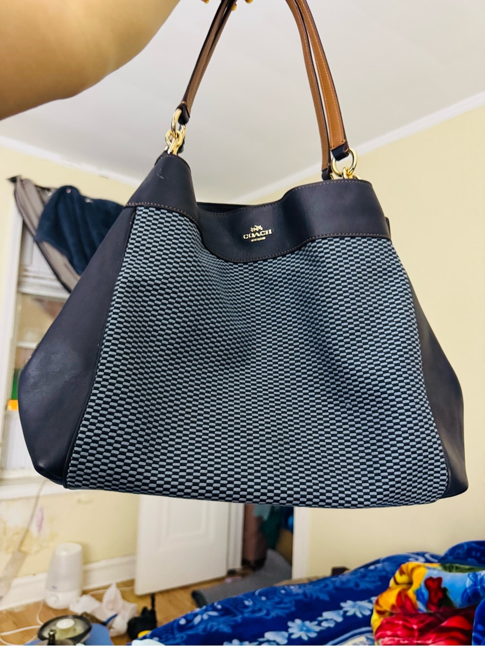 Coach Navy & Brown Woven Shoulder Tote